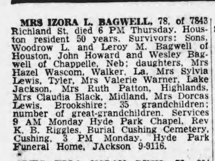 Izora Sylvia (Lattin) Bagwell - Obituary
The Houston Post - June 12, 1960 - Page 28