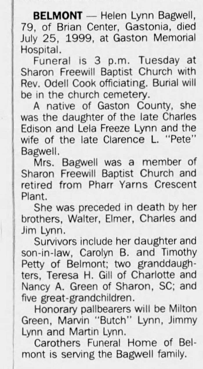 Helen Dorothy (Lynn) Bagwell - Obituary
The Charlotte Observer - July 27, 1999 - Page 57