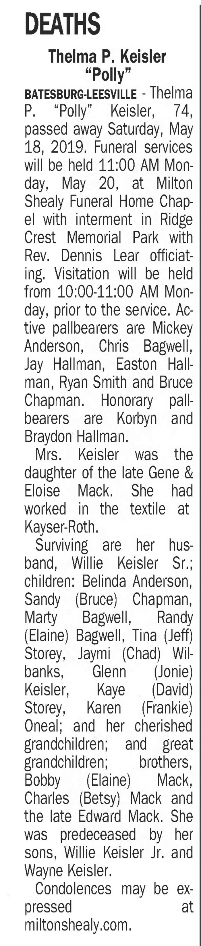 Thelma Paulette (Mack) Bagwell Keilser - Obituary
The State - May 19, 2019 - B10