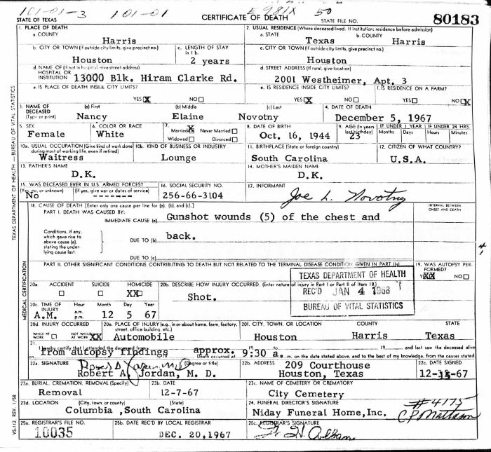 Nancy Elaine (Pressley) Novotny - 1944 to 1967
Certificate of Death - State of Texas