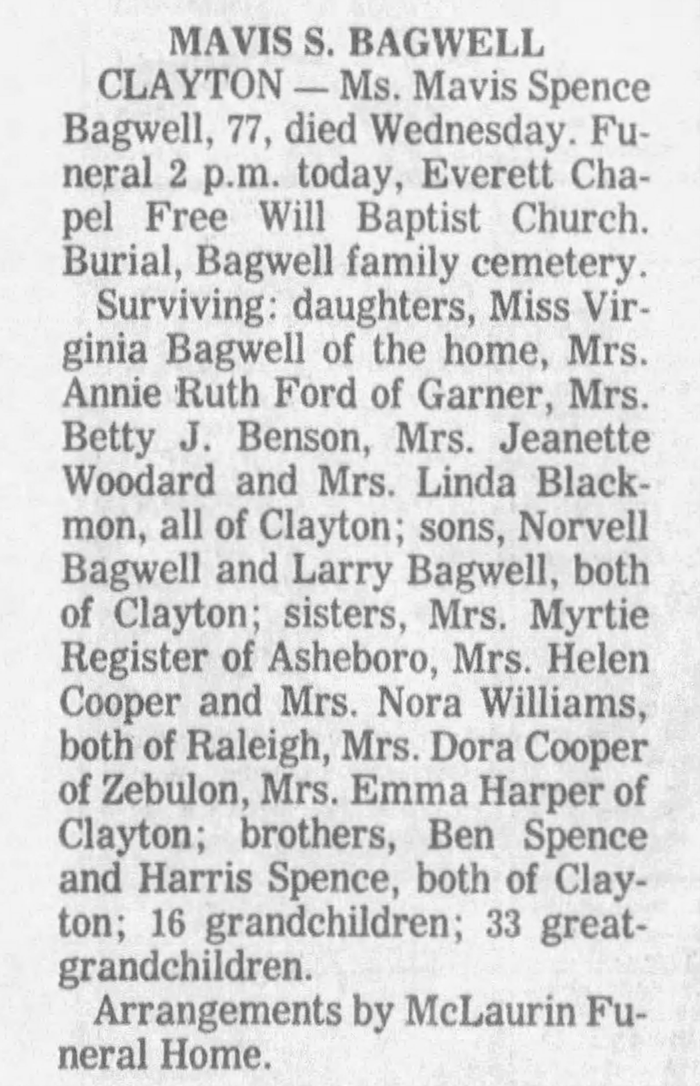Mavis (Spence) Bagwell - Obituary
The News and Observer - February 21, 1986 - Page 40